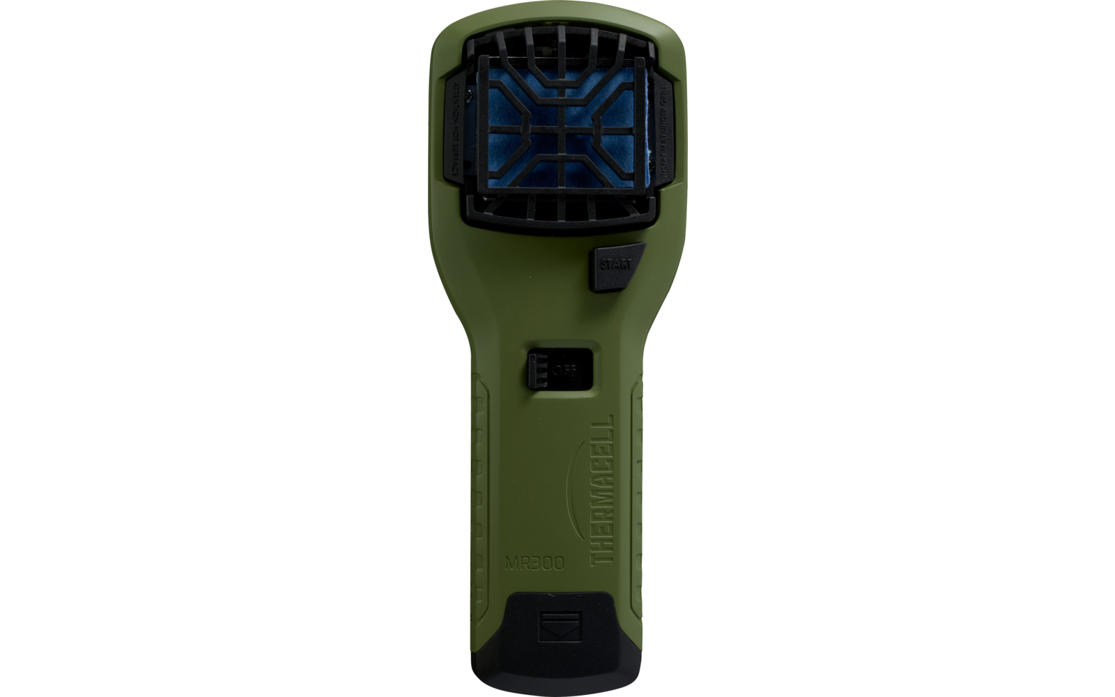 Grünes handliches Gerät mit quadratischem schwarzen Gitter über blauem reflektierendem Feld, zwei schwarzen Tasten und dem Schriftzug "THERMACELL" auf dem Griff