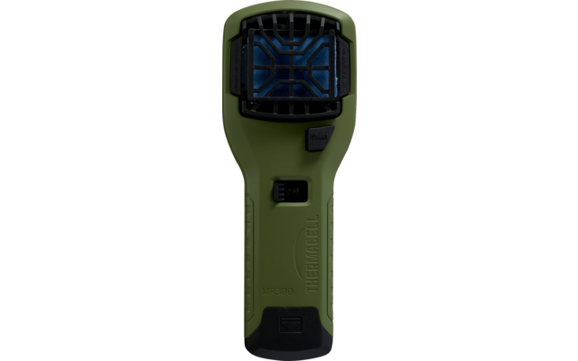 Grünes handliches Gerät mit quadratischem schwarzen Gitter über blauem reflektierendem Feld, zwei schwarzen Tasten und dem Schriftzug "THERMACELL" auf dem Griff