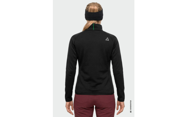 Person von hinten, schwarze Jacke mit hohem Kragen, schwarzes Stirnband, blonder Zopf, bordeauxrote Hose, kleines weißes Dreiecklogo auf oberem Rücken, hellgrauer Hintergrund
