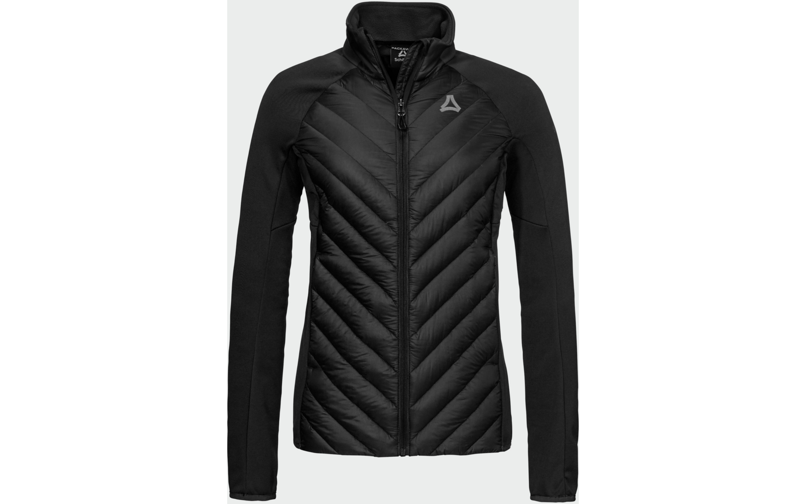 Schwarze Jacke mit gesteppter Front, glatten Ärmeln, Stehkragen, durchgehendem Reißverschluss und Logo auf der linken Brust vor hellem Hintergrund