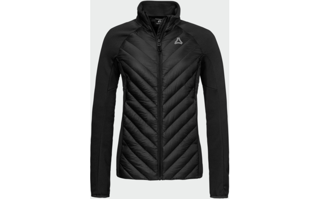 Schwarze Jacke mit gesteppter Front, glatten Ärmeln, Stehkragen, durchgehendem Reißverschluss und Logo auf der linken Brust vor hellem Hintergrund