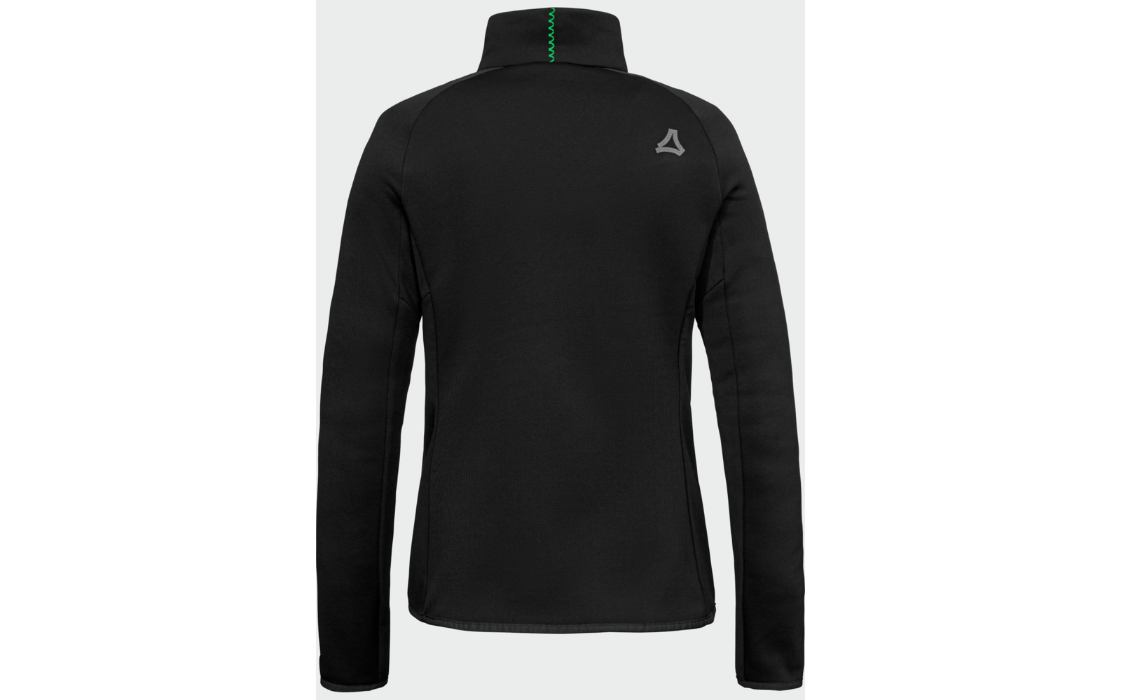 Rückansicht einer schwarzen Jacke mit hohem Kragen und langen Ärmeln, grüne vertikale Naht am Kragenrücken, kleines graues dreieckiges Logo auf der rechten Schulter