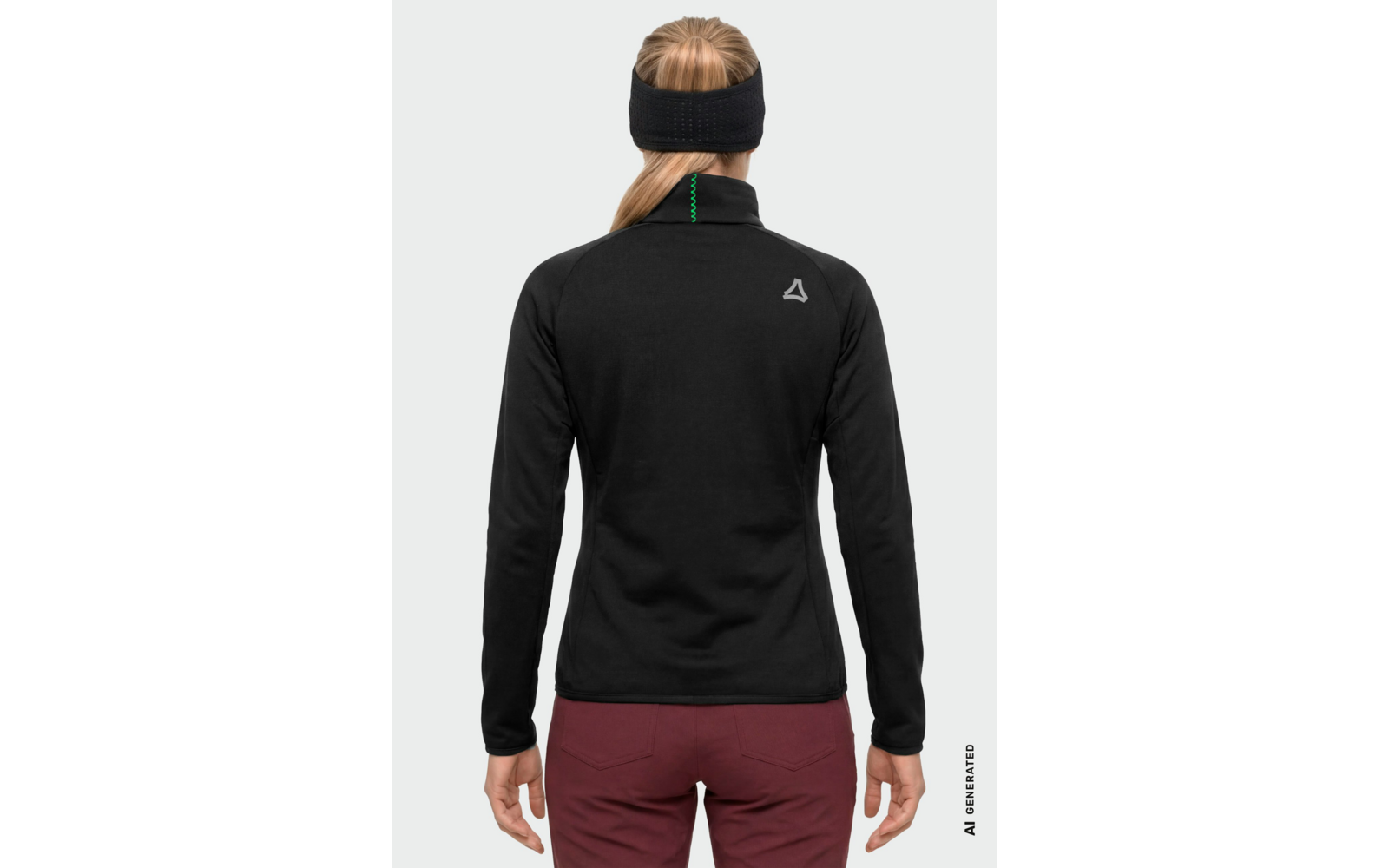 Person von hinten, schwarze Jacke mit hohem Kragen, schwarzes Stirnband, blonder Zopf, bordeauxrote Hose, kleines weißes Dreiecklogo auf oberem Rücken, hellgrauer Hintergrund