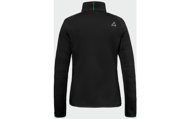 Rückansicht einer schwarzen Jacke mit hohem Kragen und langen Ärmeln, grüne vertikale Naht am Kragenrücken, kleines graues dreieckiges Logo auf der rechten Schulter