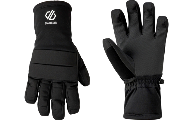 Ein Paar schwarze Handschuhe aus Stoff, eine Hand zeigt die Handfläche, die andere die Rückseite