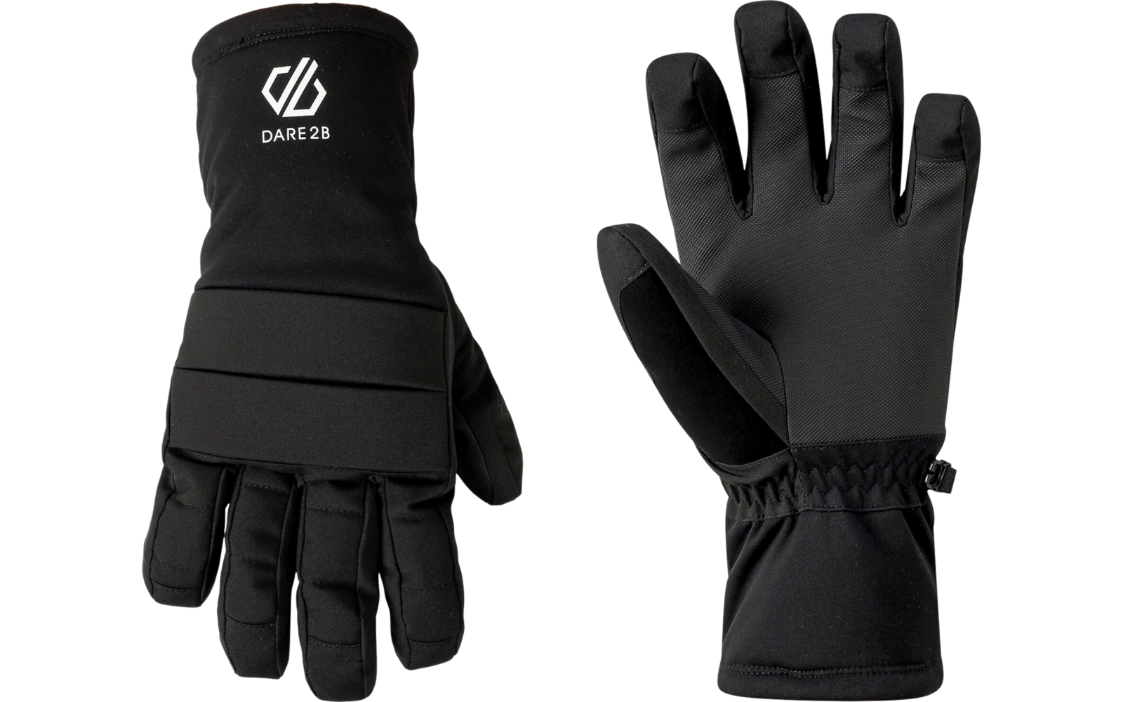 Ein Paar schwarze Handschuhe aus Stoff, eine Hand zeigt die Handfläche, die andere die Rückseite