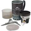 Bicchiere metallico con copertura isolante grigia con scritta “MSR Mountain Safety Research” e grafica di montagna; unità bruciatore metallica perforata con valvola in ottone; supporto per pentola metallico a tre piedi; misurino in plastica traslucida; coperchio di plastica rotondo