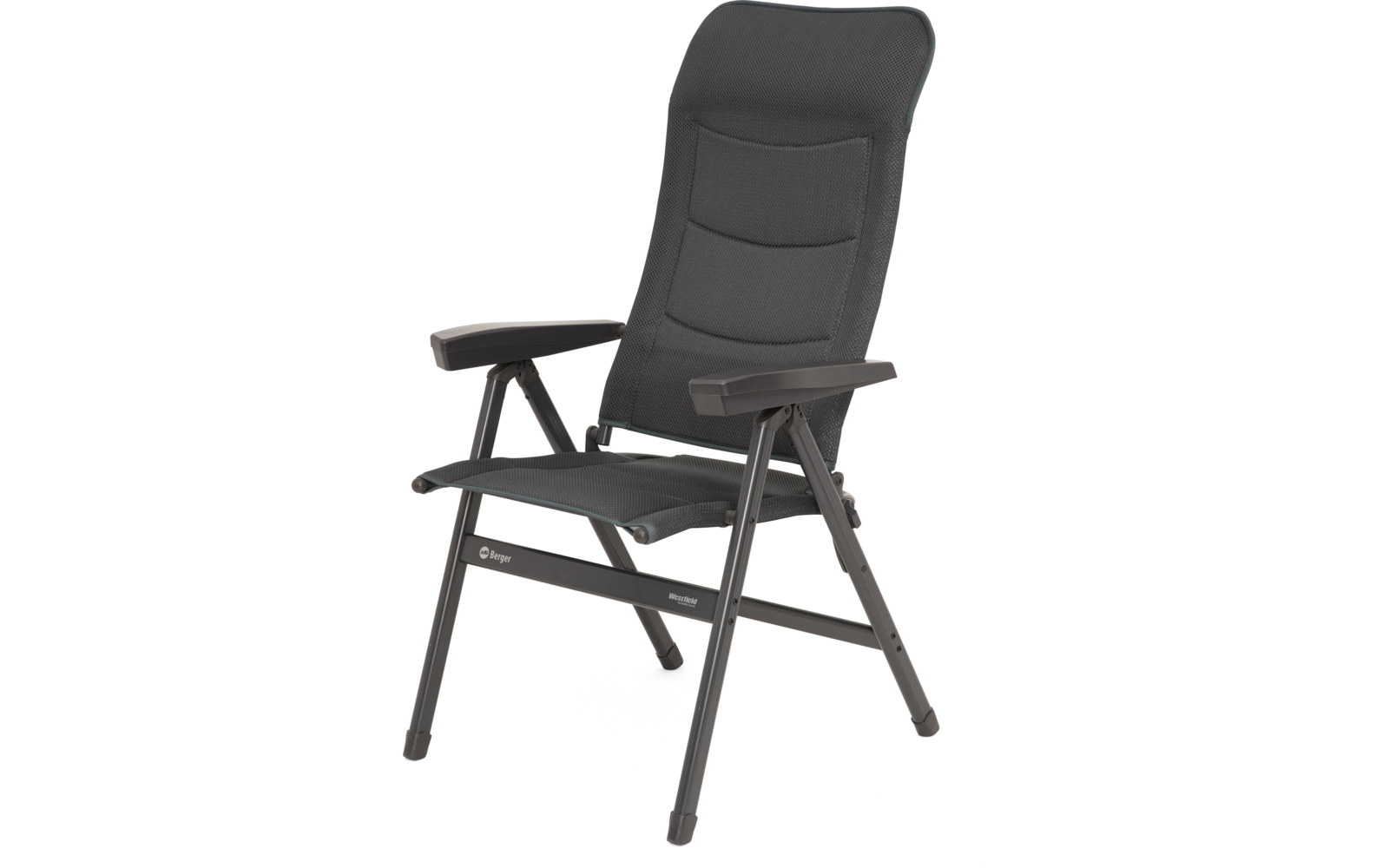 Grauer Klappstuhl mit hoher Rückenlehne, gepolsterten Armlehnen, Stoffsitz und Metallgestell