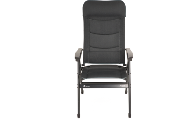 Schwarzer gepolsterter Stuhl mit hoher Rückenlehne, zwei Polstersegmente, graue Armlehnen und schwarzer Metallrahmen