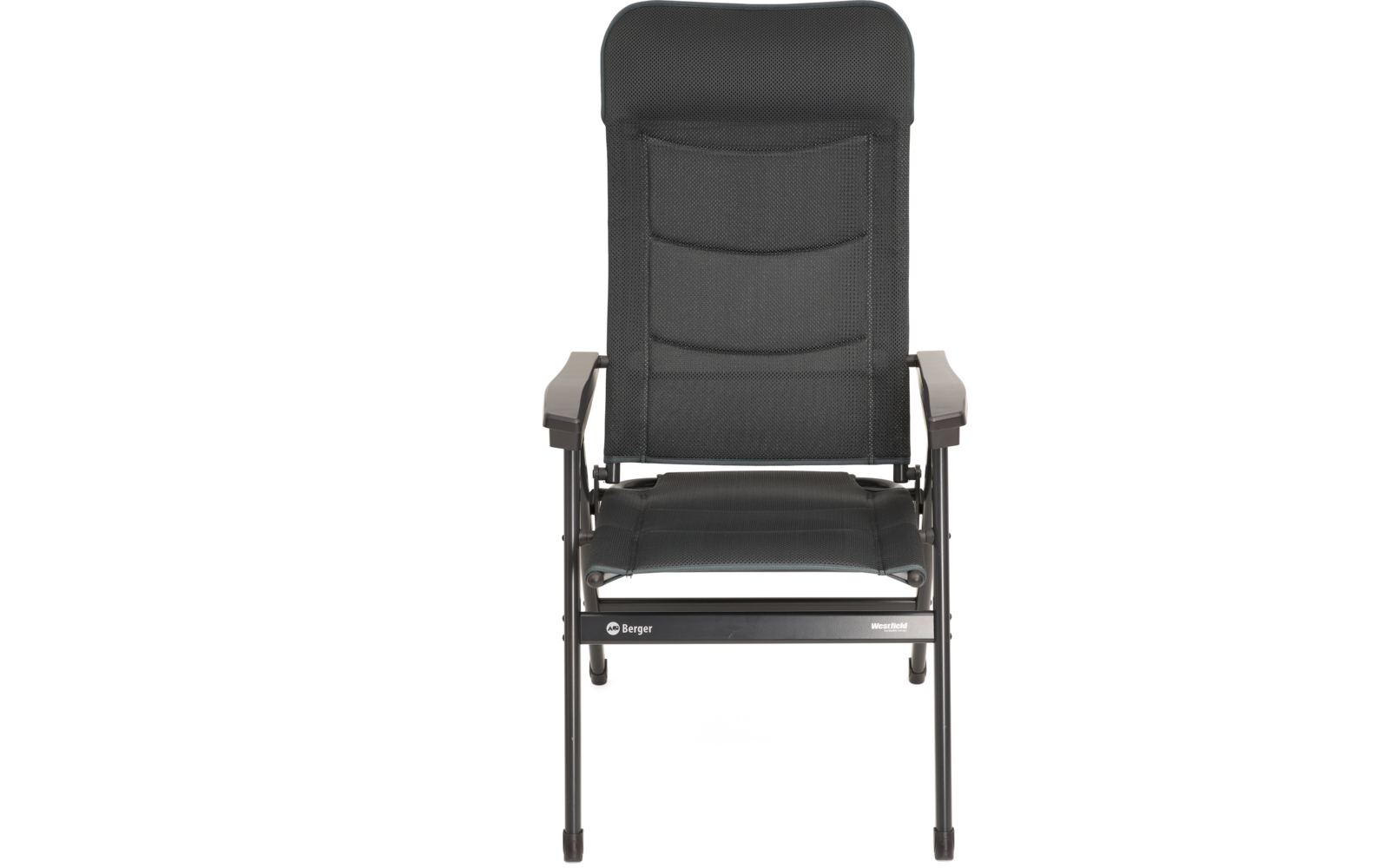 Schwarzer gepolsterter Stuhl mit hoher Rückenlehne, zwei Polstersegmente, graue Armlehnen und schwarzer Metallrahmen