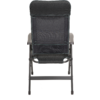 Rückansicht eines schwarzen Klappstuhls mit Stoffbespannung, Metallrahmen und Armlehnen