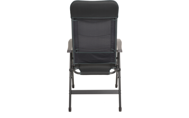 Rückansicht eines schwarzen Klappstuhls mit Stoffbespannung, Metallrahmen und Armlehnen