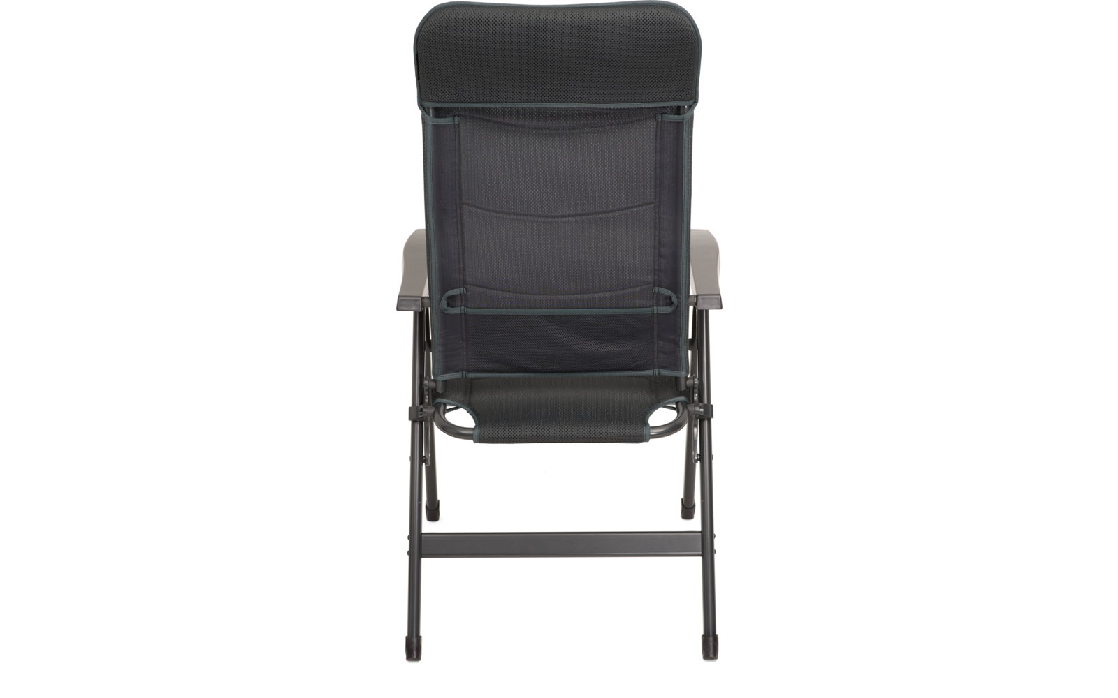 Rückansicht eines schwarzen Klappstuhls mit Stoffbespannung, Metallrahmen und Armlehnen