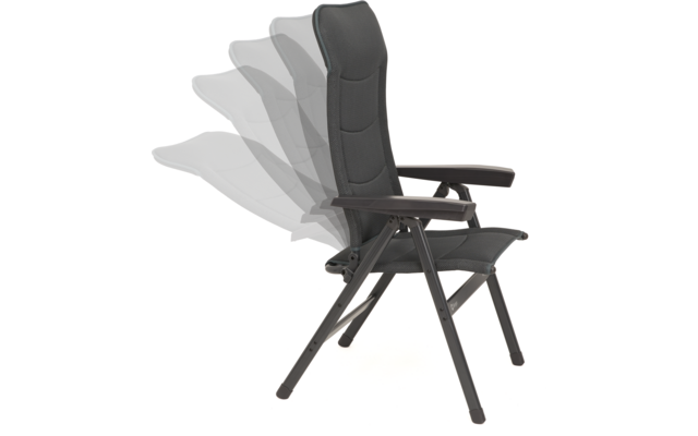 Dunkelgrauer, klappbarer Stuhl mit gepolstertem Kopfteil, Armlehnen und Metallgestell; dahinter mehrere halbtransparente, versetzte Umrisse desselben Stuhls