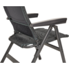 Grau-schwarzer klappbarer Stuhl mit Mesh-Sitz und -Rückenlehne, Metallgestell und Armlehnen