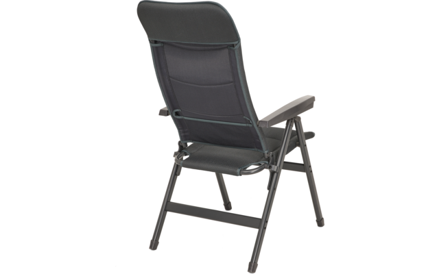 Grau-schwarzer Klappstuhl mit hoher Rückenlehne, gepolstertem Sitz und Metallgestell, von hinten rechts