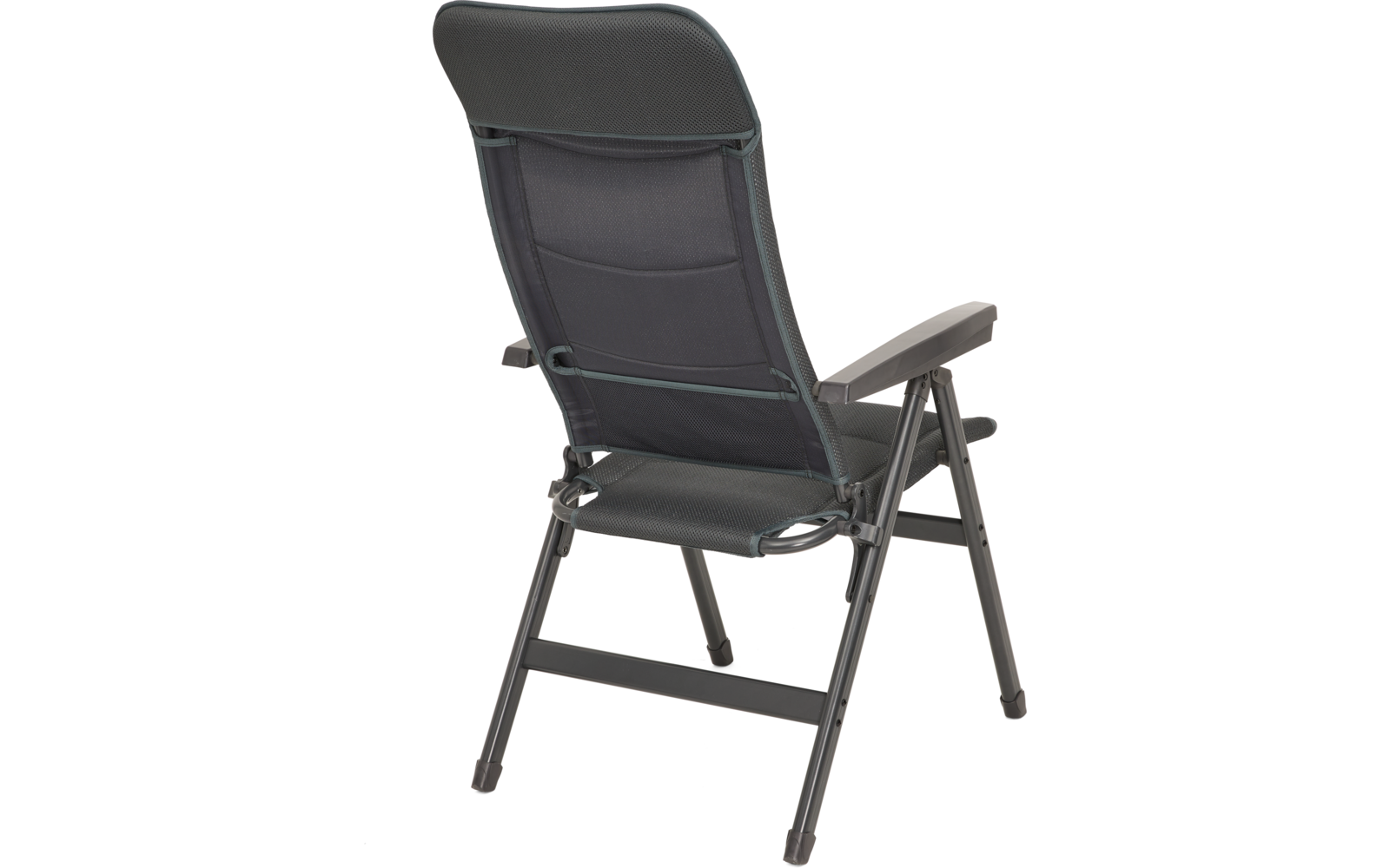 Grau-schwarzer Klappstuhl mit hoher Rückenlehne, gepolstertem Sitz und Metallgestell, von hinten rechts