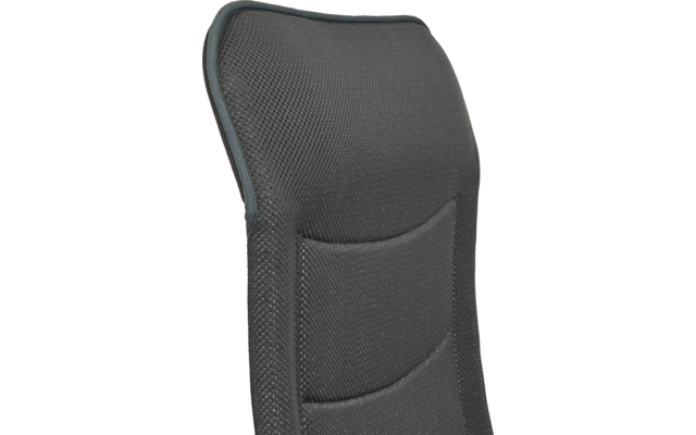 Rückenlehne eines dunkelgrauen Netzstoff-Bürostuhls mit sichtbaren Nähten und strukturierter Oberfläche