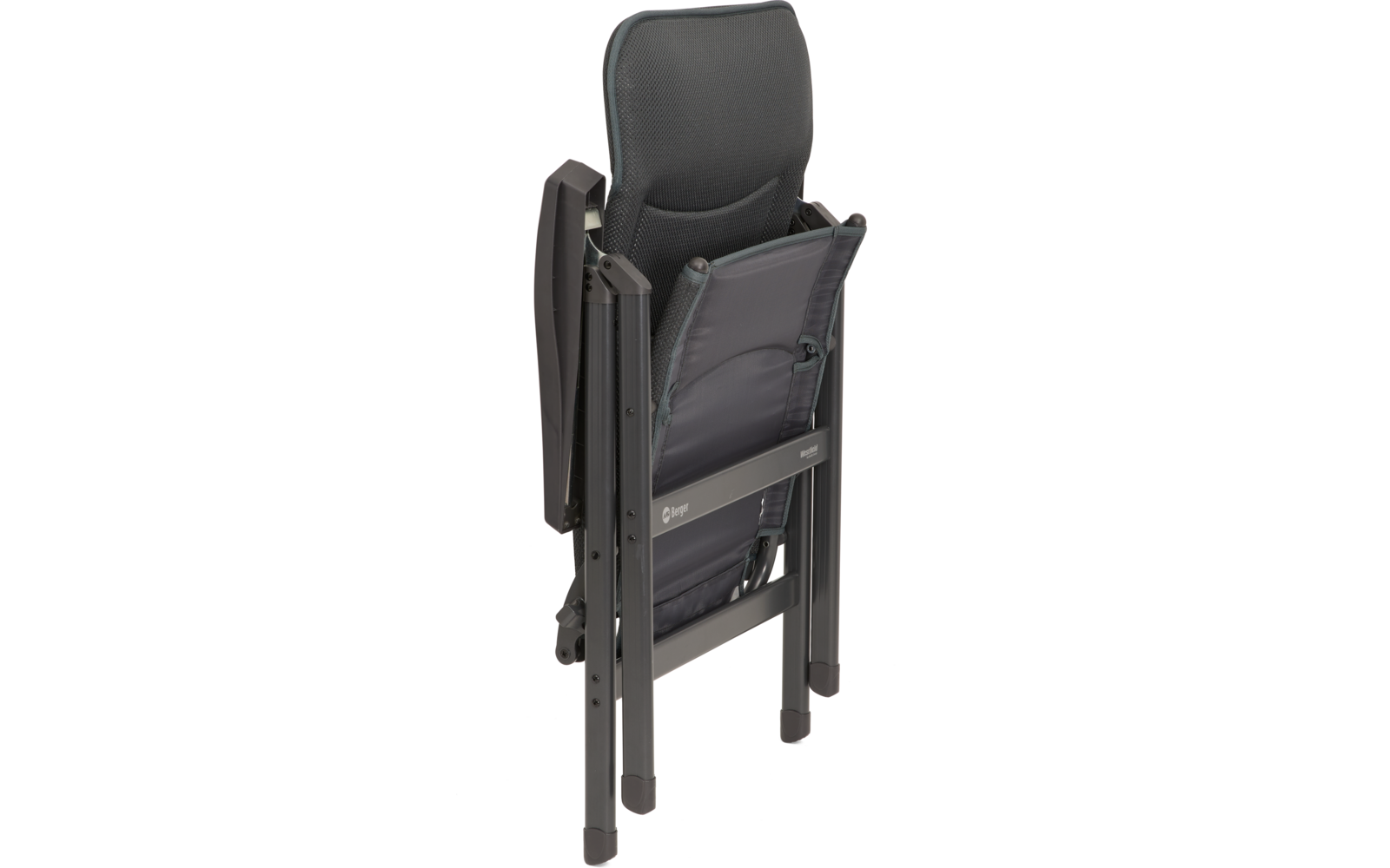 Zusammengeklappter dunkelgrauer, gepolsterter Klappstuhl mit Metallrahmen und Außentasche