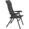 Schwarz-grauer Stuhl mit hoher gepolsterter Rückenlehne, Armlehnen und Metallgestell vor weißem Hintergrund