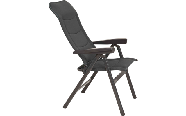 Gepolsterter dunkelgrauer Klappstuhl mit Armlehnen und Metallgestell vor weißem Hintergrund