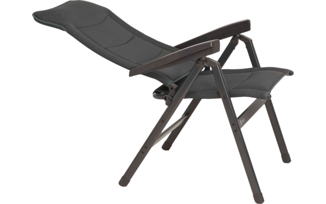 Dunkelgrauer Liegestuhl in zurückgelehnter Position mit gepolstertem Sitz und Rückenlehne auf weißem Hintergrund