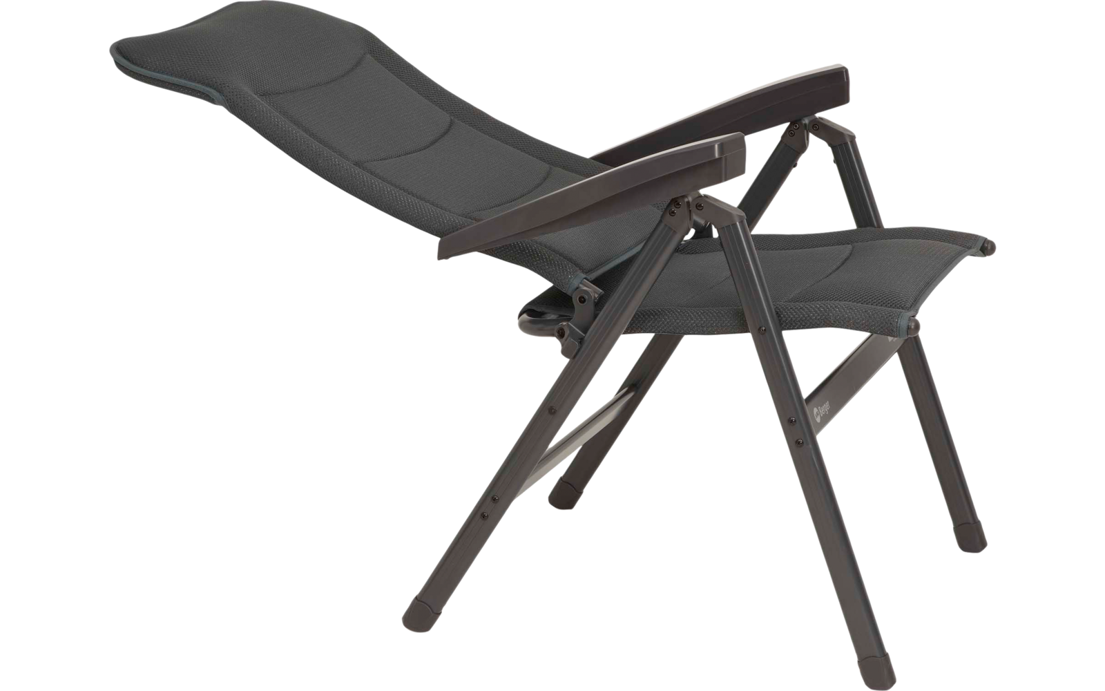Dunkelgrauer Liegestuhl in zurückgelehnter Position mit gepolstertem Sitz und Rückenlehne auf weißem Hintergrund