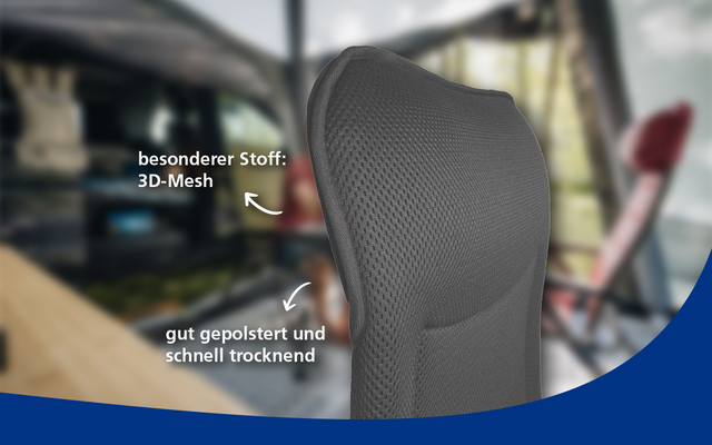 Gray textured chair backrest with mesh/3D‑mesh surface, two white arrows pointing to it, German text labels ('besonderer Stoff: 3D‑Mesh', 'gut gepolstert und schnell trocknend'), blurred background and blue curve at bottom