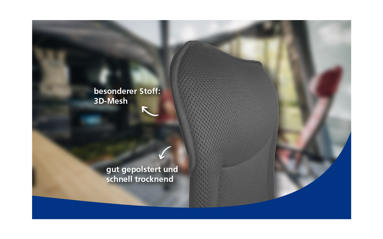 Gray textured chair backrest with mesh/3D‑mesh surface, two white arrows pointing to it, German text labels ('besonderer Stoff: 3D‑Mesh', 'gut gepolstert und schnell trocknend'), blurred background and blue curve at bottom