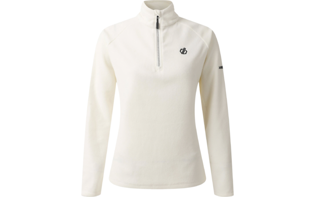 Weißer langärmliger Pullover mit halbem Reißverschluss und kleinem Logo auf der Brust