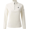 Weißer langärmliger Pullover mit halbem Reißverschluss und kleinem Logo auf der Brust