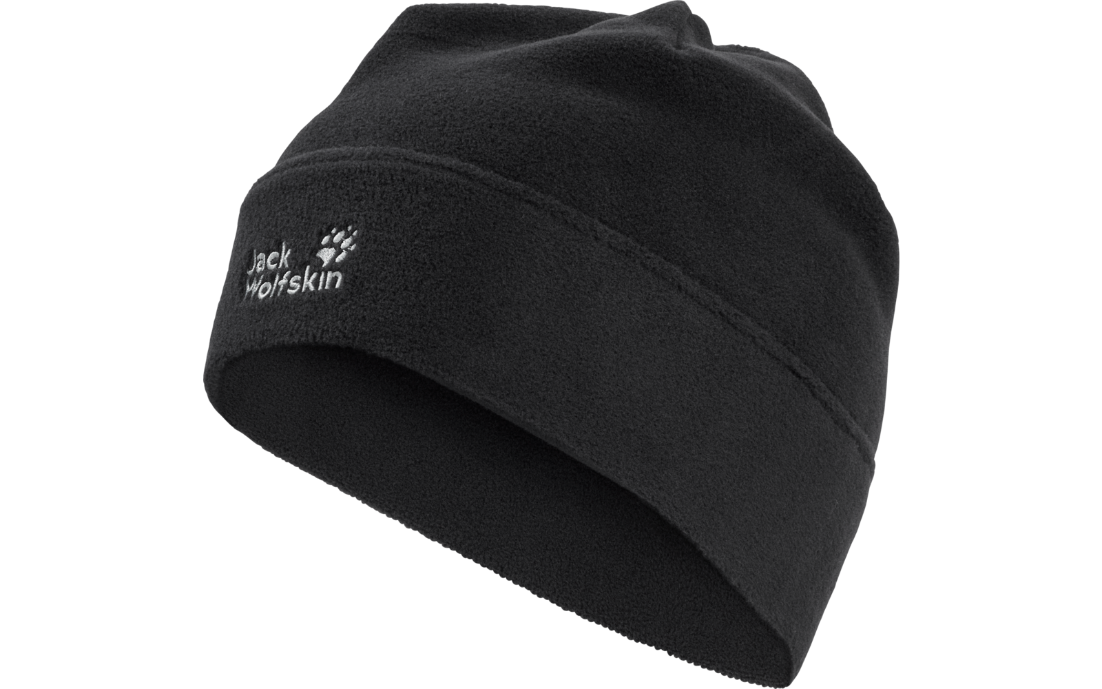 Schwarze Fleece-Mütze mit gesticktem Jack Wolfskin Schriftzug und Pfotenlogo an der Seite