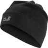 Schwarze Fleece-Mütze mit gesticktem Jack Wolfskin Schriftzug und Pfotenlogo an der Seite