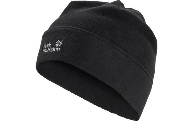 Schwarze Fleece-Mütze mit gesticktem Jack Wolfskin Schriftzug und Pfotenlogo an der Seite