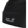 Schwarze Fleece-Mütze mit weiß gesticktem Jack Wolfskin-Schriftzug und Pfotenlogo