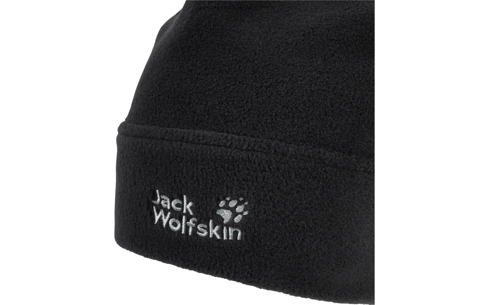 Schwarze Fleece-Mütze mit weiß gesticktem Jack Wolfskin-Schriftzug und Pfotenlogo