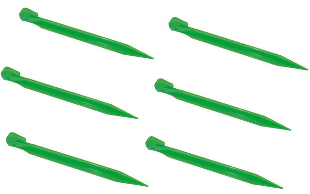 Sechs grüne, längliche Kunststoffstücke, spitz zulaufend an einem Ende und mit flachem Kopf am anderen Ende, auf weißem Hintergrund