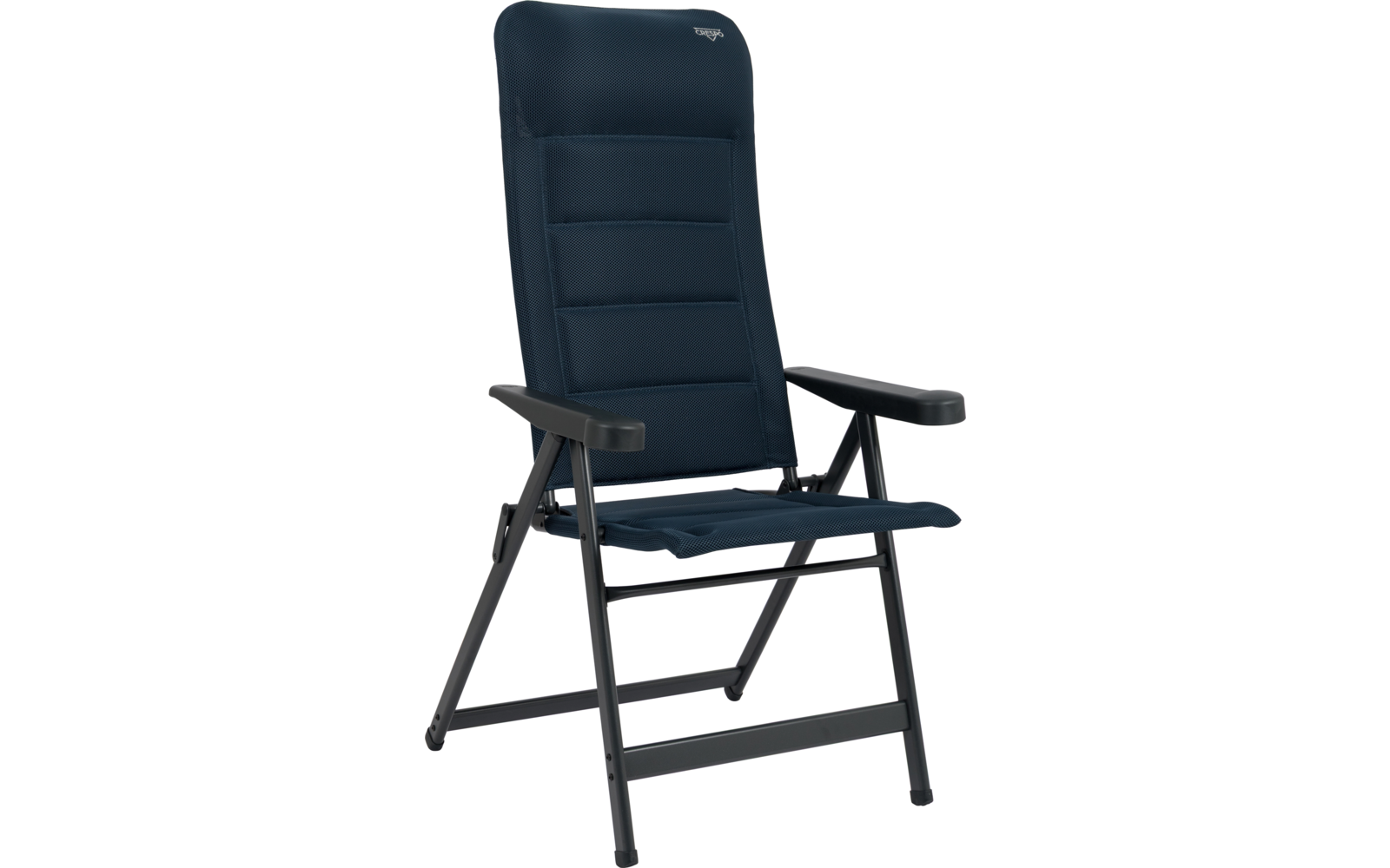 Dunkelblauer, gepolsterter Hochlehnenstuhl mit horizontal gestepptem Rückenpolster, schwarzem Metallrahmen, zwei Armlehnen und gepolsterter Sitzfläche