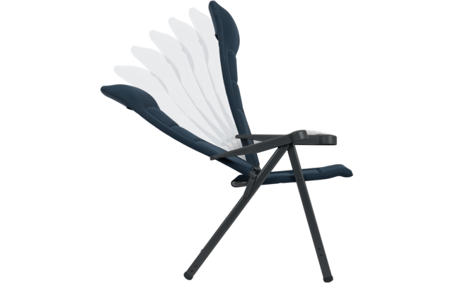 Seitliche Ansicht eines dunkelblauen gepolsterten Klappstuhls mit Armlehnen und verstellbarer Rückenlehne, mehrere transparente Positionen dargestellt