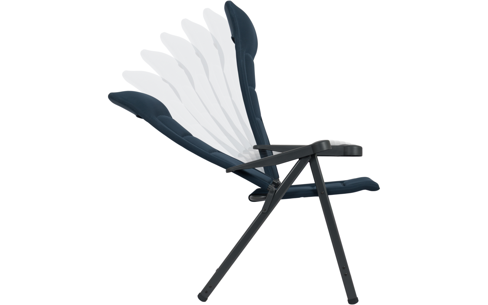 Seitliche Ansicht eines dunkelblauen gepolsterten Klappstuhls mit Armlehnen und verstellbarer Rückenlehne, mehrere transparente Positionen dargestellt