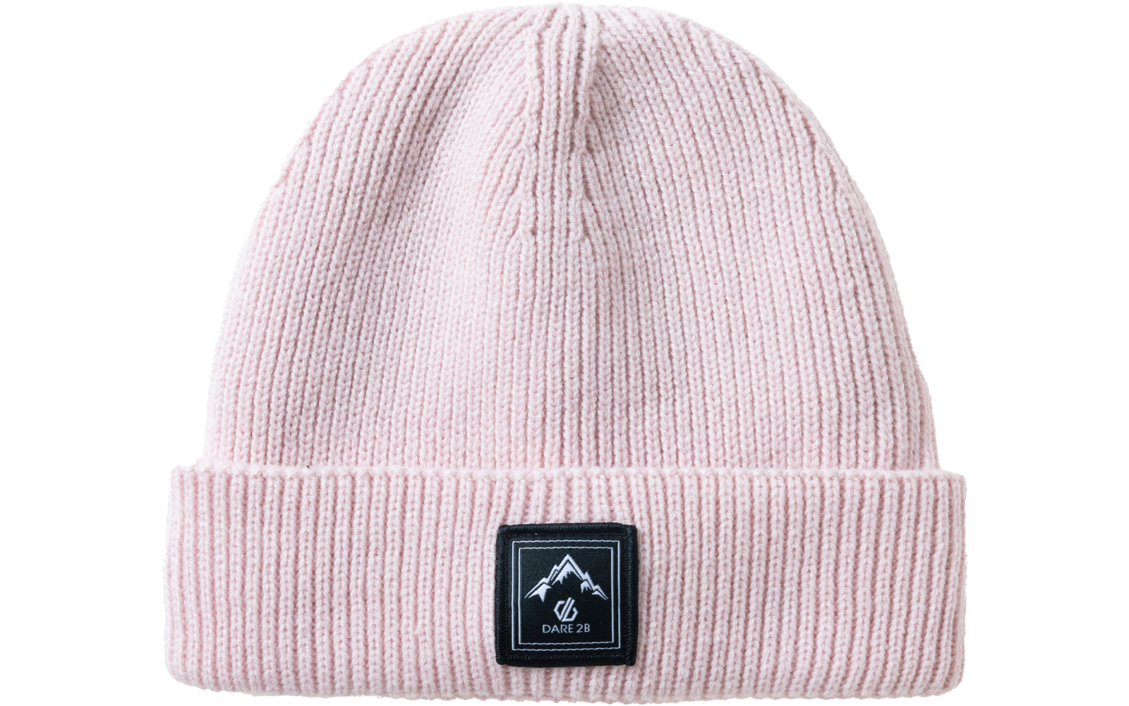 Gorro de punto rosa claro con vuelta y etiqueta rectangular negra con logo de montaña y el texto 'DARE 2B'