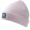 Gorro tipo beanie rosa tejido con vuelta y etiqueta rectangular negra con un símbolo de montaña blanco