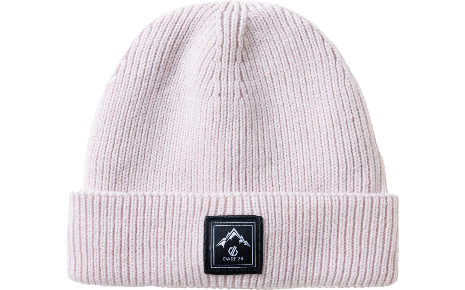 Bonnet tricoté rose pâle avec revers et étiquette rectangulaire noire montrant un logo montagne et le texte 'DARE 2B'