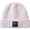 Bonnet tricoté rose pâle avec revers et étiquette rectangulaire noire montrant un logo montagne et le texte 'DARE 2B'