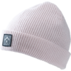 Bonnet rose tricoté avec revers et étiquette rectangulaire noire portant un symbole de montagne blanc