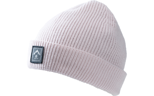 Bonnet rose tricoté avec revers et étiquette rectangulaire noire portant un symbole de montagne blanc