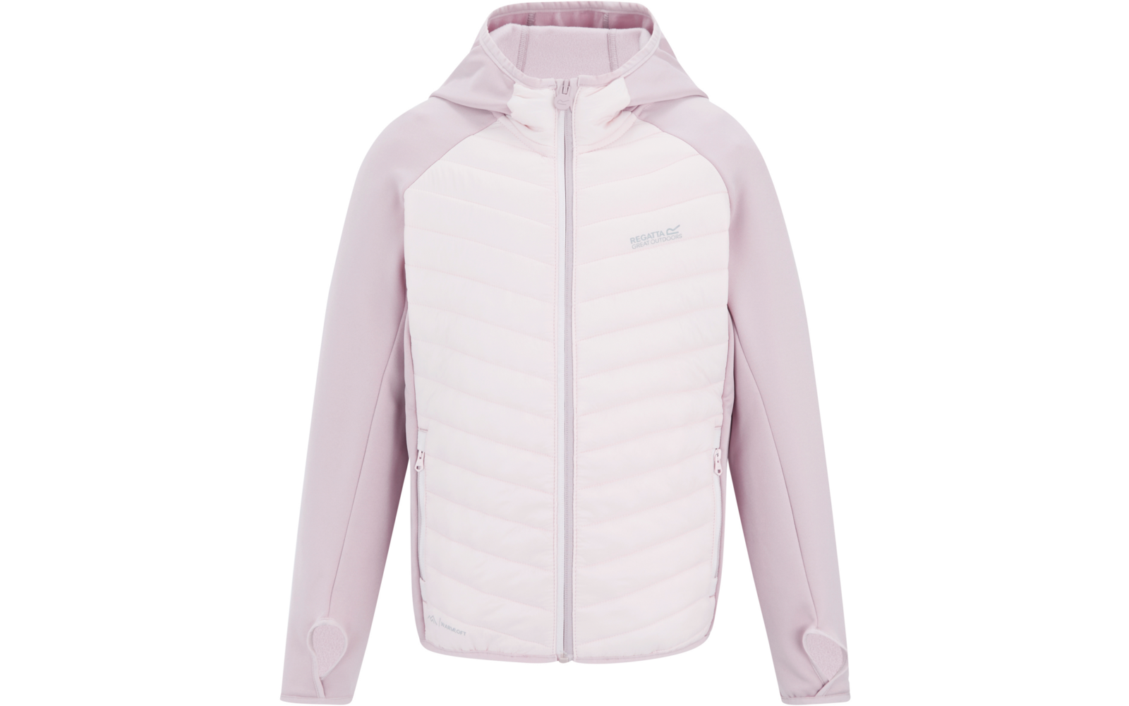 Hellrosa Kapuzenjacke mit Reißverschluss, gesteppter Vorderseite, langen Ärmeln und seitlichen Reißverschlusstaschen