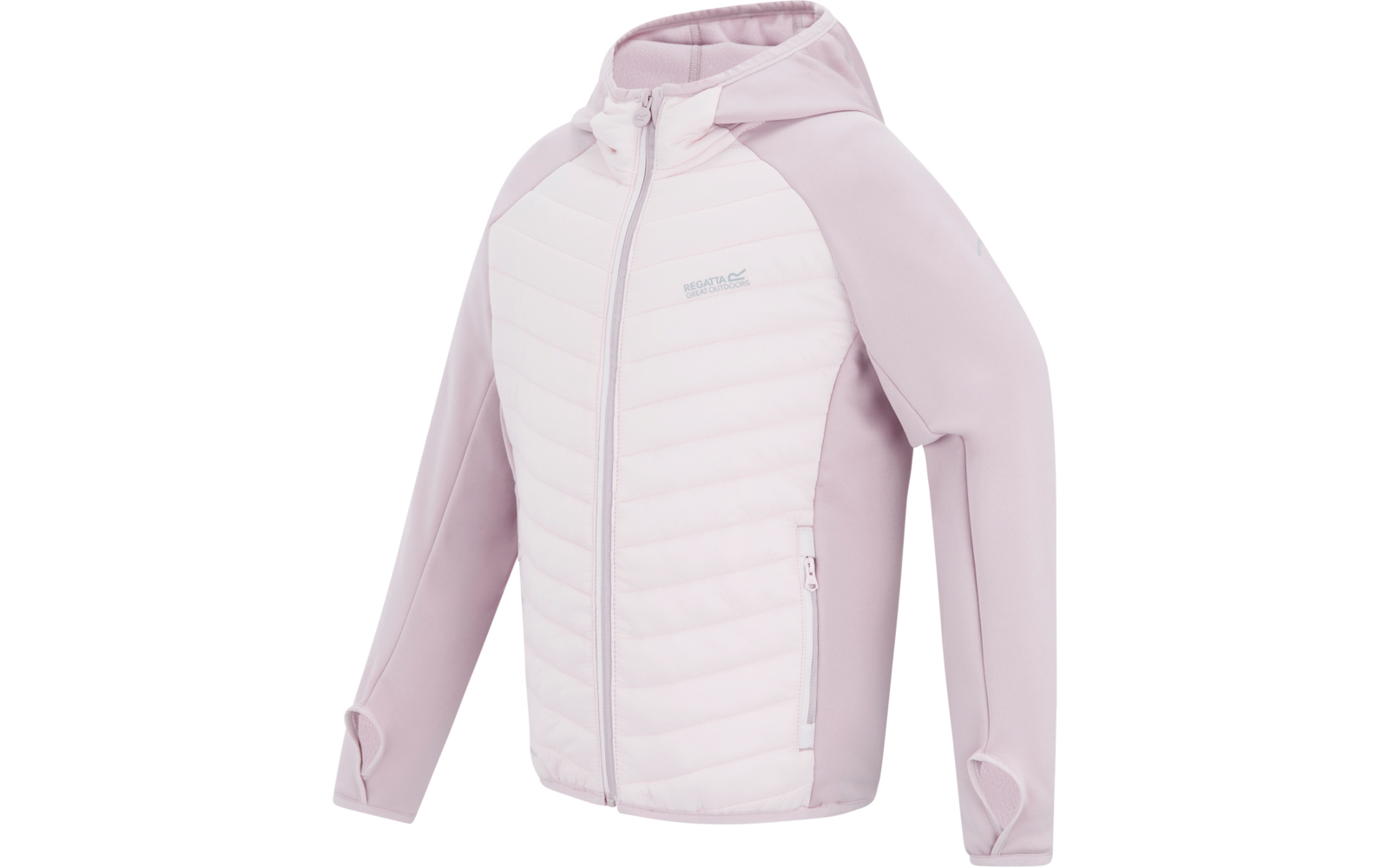 Hellrosa Kapuzenjacke mit gesteppter Vorderseite, durchgehendem Reißverschluss, seitlichen Reißverschlusstaschen und Logo auf der Brust