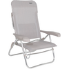 A gray folding chair with metal armrests and fabric covering
