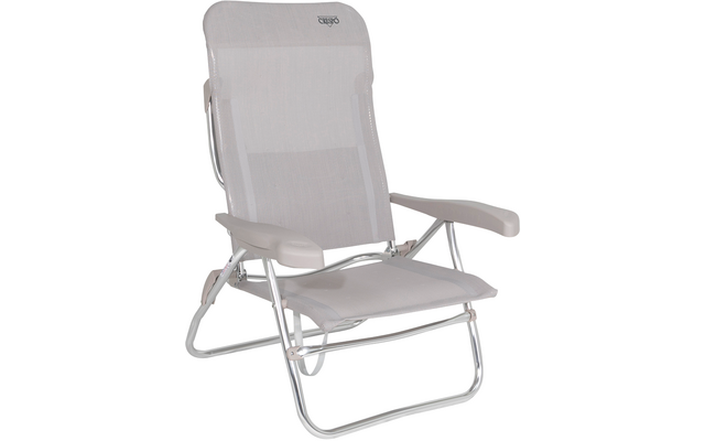 A gray folding chair with metal armrests and fabric covering